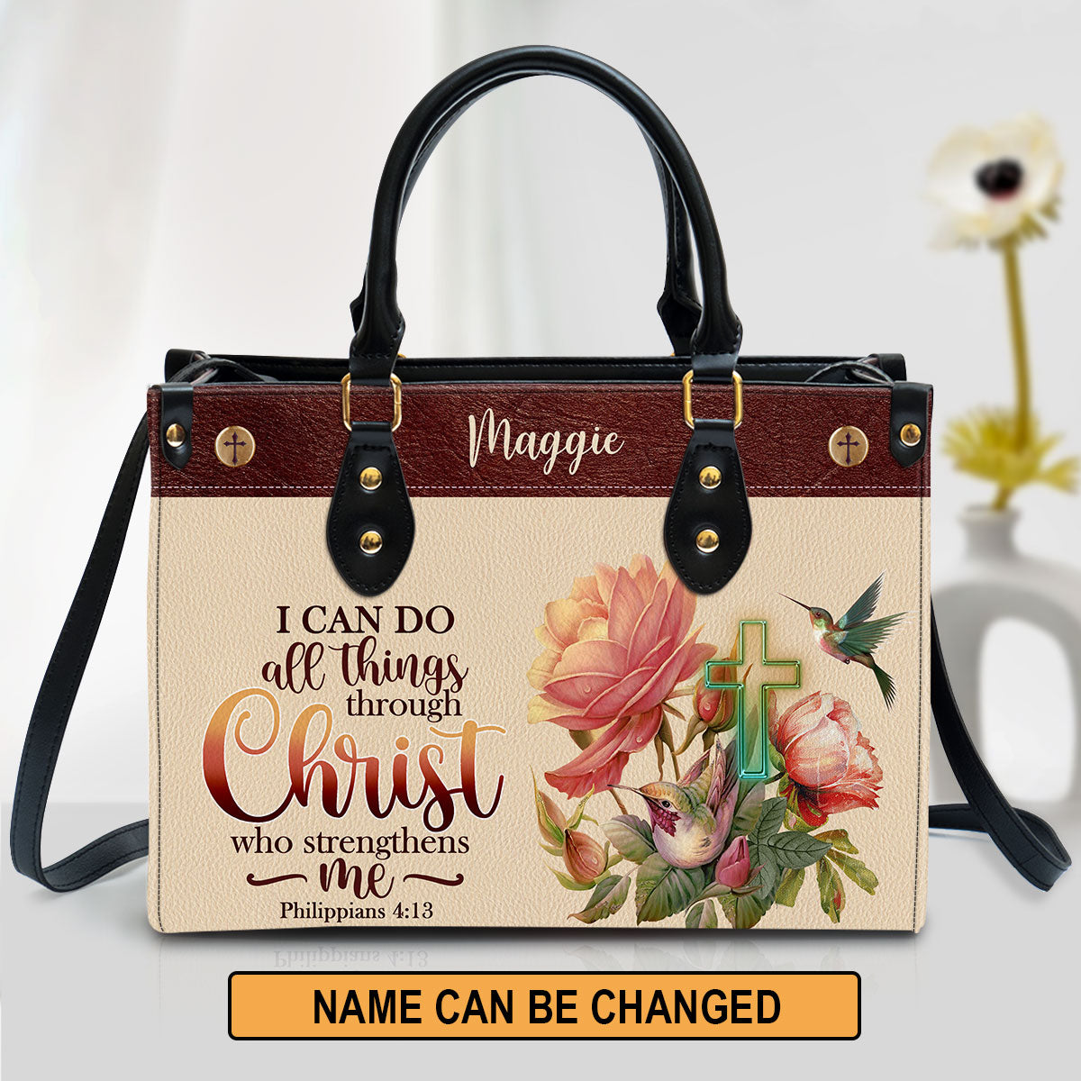 I Can Do All Things Through Christ Philippians 41 3 Humming Bird And Cross Leather Bag - Personalized Leather Bible Bag - Christian Gifts for Women