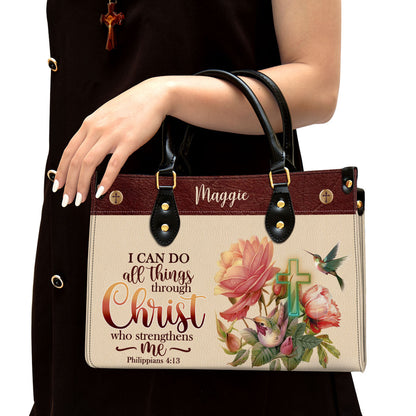 I Can Do All Things Through Christ Philippians 41 3 Humming Bird And Cross Leather Bag - Personalized Leather Bible Bag - Christian Gifts for Women