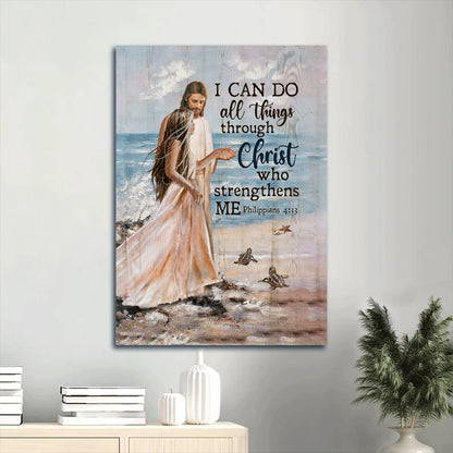 I Can Do All Things Through Christ Who Strengthens Me Canvas Wall Art - Jesus And Beautiful Girl Beach Painting Canvas