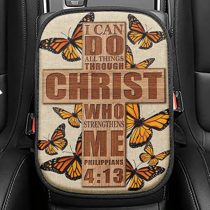 I Can Do All Things Through Christ Who Strengthens Me Cross Orange Butterfly Seat Box Cover, Bible Verse Car Center Console Cover