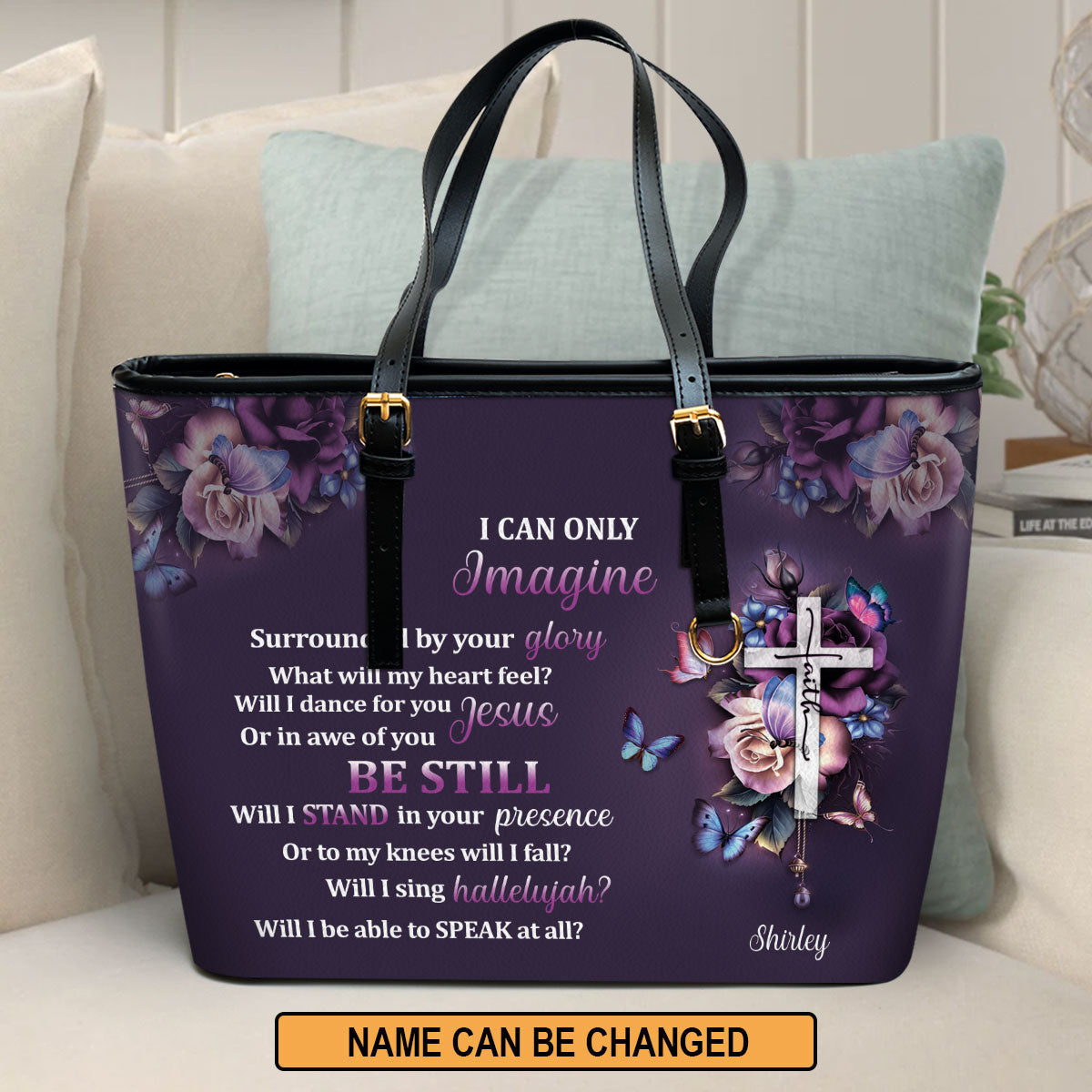 I Can Only Imagine Personalized Cross Large Leather Tote Bag - Christian Inspirational Gifts For Women