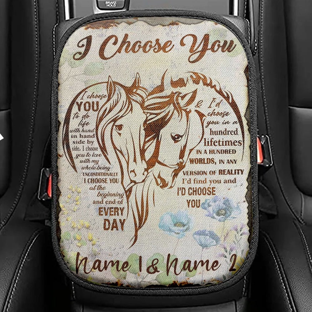 I Choose You Horse Couple Seat Box Cover, Christian Car Center Console Cover, Religious Car Interior Accessories