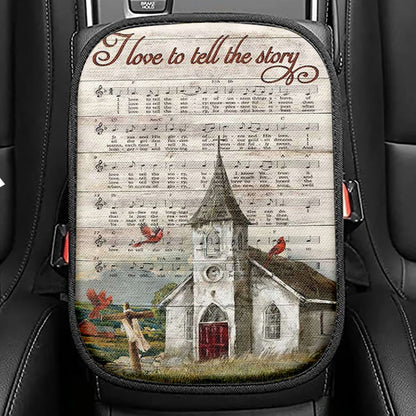 I Love To Tell The Story Red Cardinal Cross Seat Box Cover, Bible Verse Car Center Console Cover, Christian Inspirational Car Interior Accessories