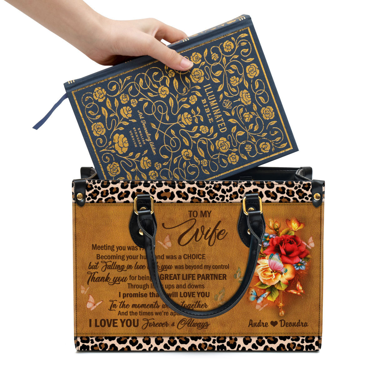 I Love You Forever And Always Leather Bag - Custom Name Flower Leather Handbag For Wife - Christian Gifts For Women