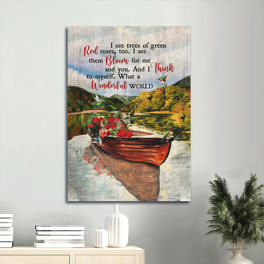 I See Them Bloom For Me And You Canvas Wall Art - Beautiful Boat - Red Rose - Lake - What A Wonderful World
