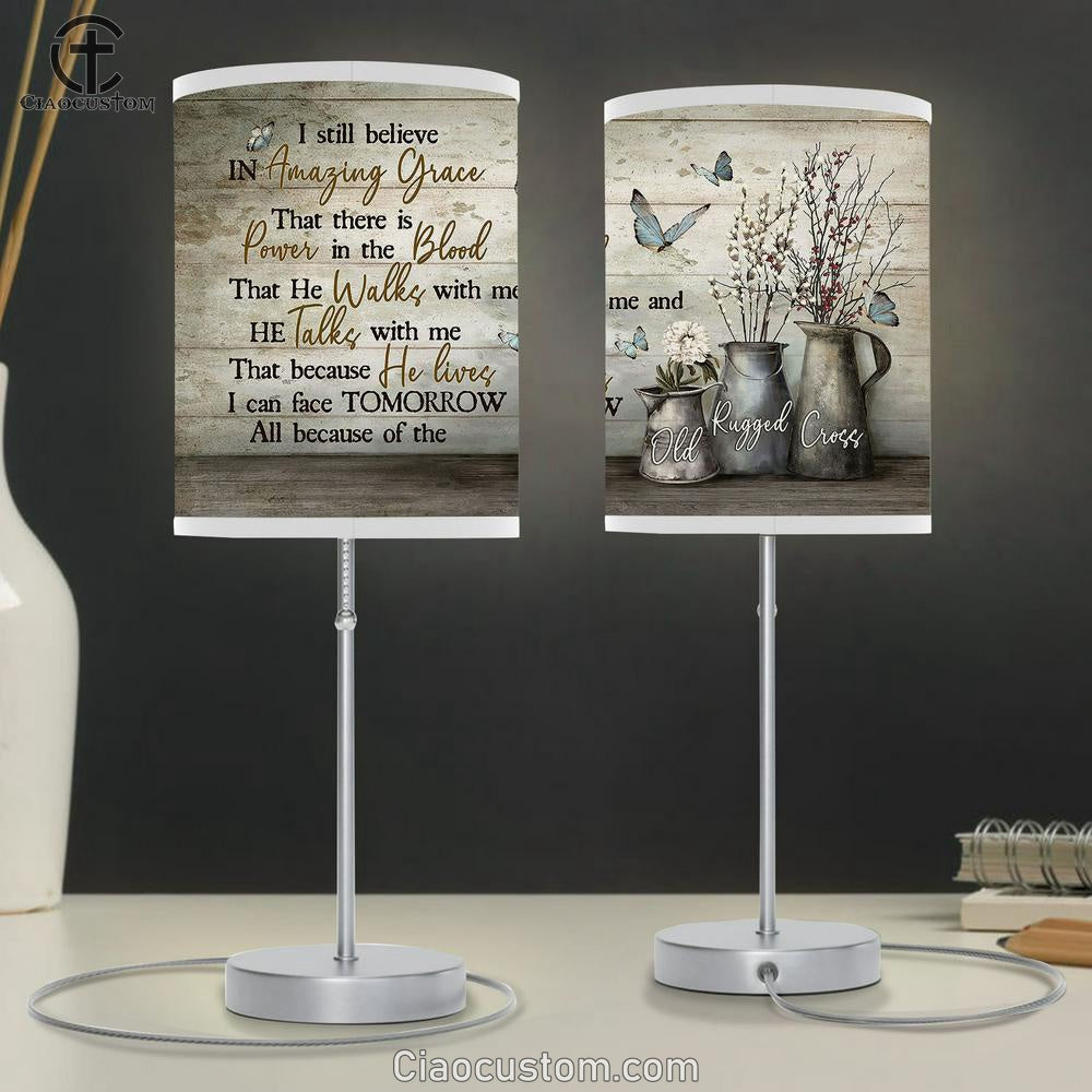 I Sill Believe In Grace Baby Flower White Dahlia Blue Butterfly Table Lamp For Bedroom - Bible Verse Table Lamp - Religious Room Decor
