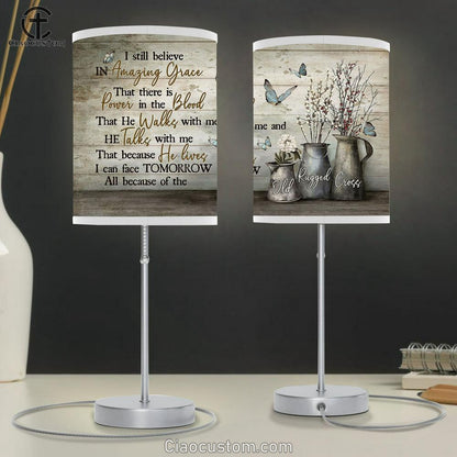 I Sill Believe In Grace Baby Flower White Dahlia Blue Butterfly Table Lamp For Bedroom - Bible Verse Table Lamp - Religious Room Decor