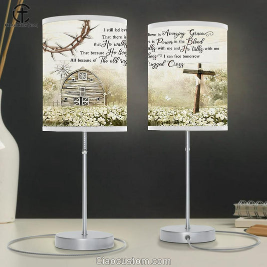 I Still Believe Amazing Grace Wooden Cross Barn House Table Lamp Art - Christian Scripture Table Lamp