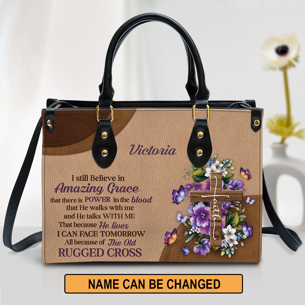 I Still Believe In Amazing Grace Leather Bag - Custom Name Floral Cross Leather Handbag - Christian Gifts For Women