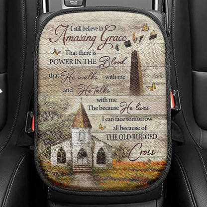 I Still Believe In Amazing Grace Lily With Butterfly Wooden Cross Seat Box Cover, Bible Car Center Console Cover, Christian Car Interior Accessories
