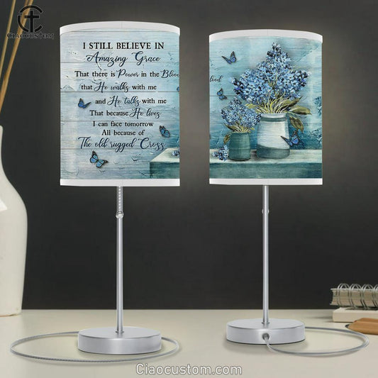 I Still Believe In Grace Baby Flower Vase Blue Butterfly Table Lamp For Bedroom - Bible Verse Table Lamp - Religious Room Decor