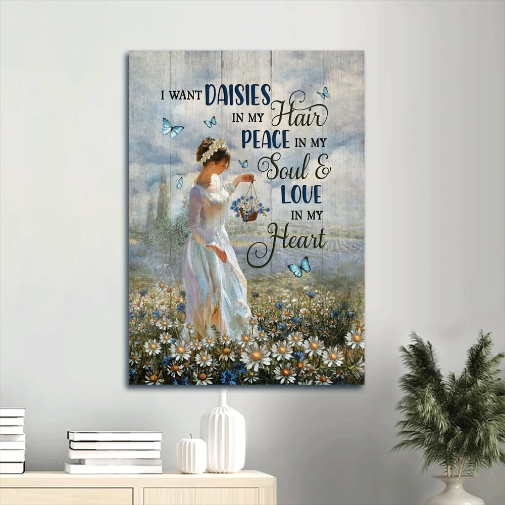 I Want Daisies In My Hair Canvas Wall Art - Beautiful Girl Daisy Field Blue Butterfly Canvas