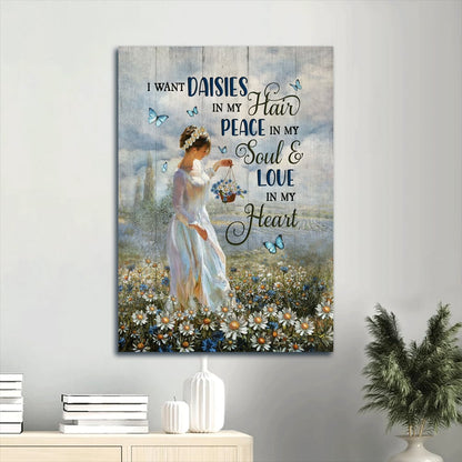 I Want Daisies In My Hair Canvas Wall Art - Beautiful Girl Daisy Field Blue Butterfly Canvas