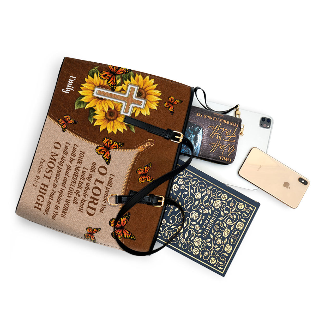 I Will Be Glad And Rejoice In You Personalized Large Leather Tote Bag - Christian Inspirational Gifts For Women