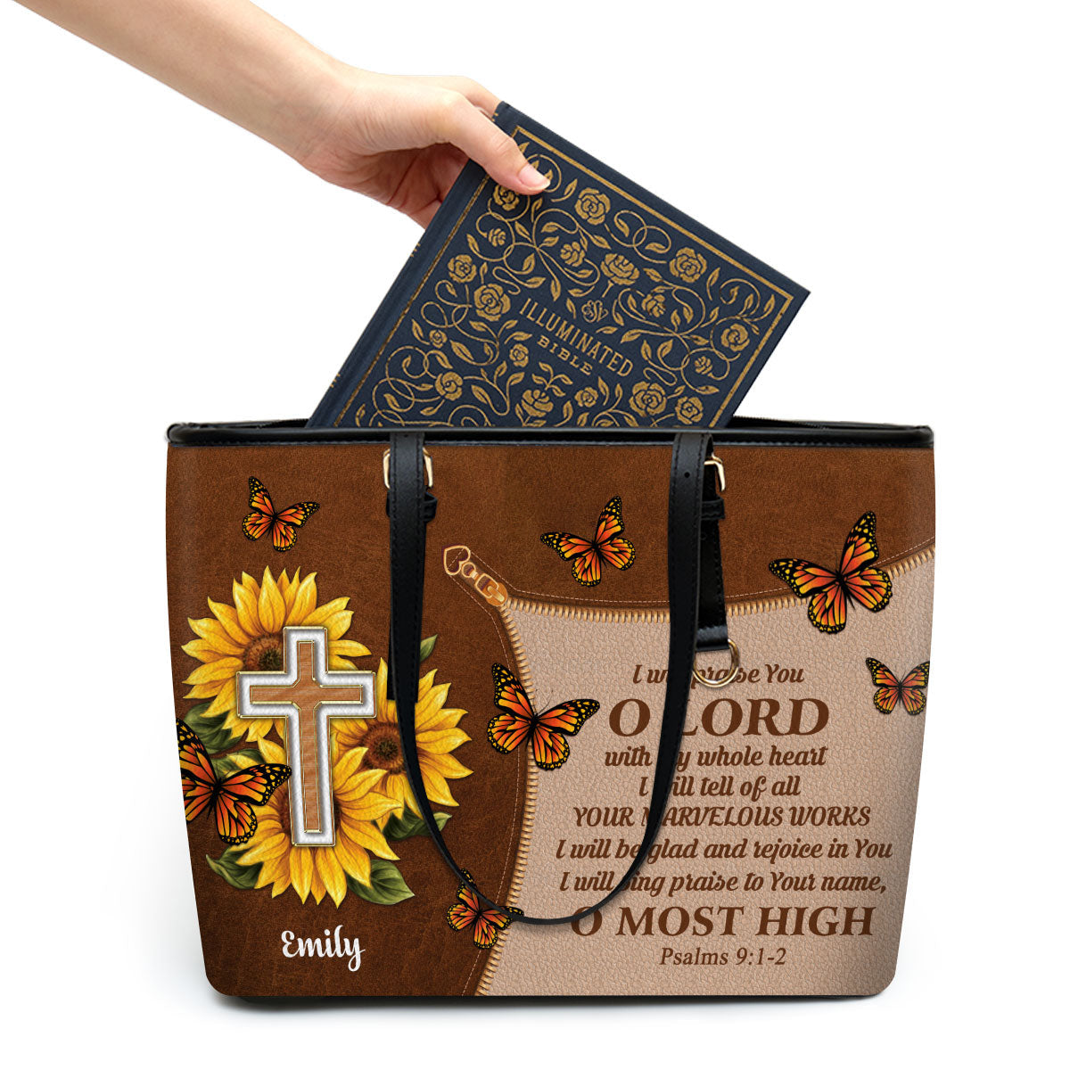 I Will Be Glad And Rejoice In You Personalized Large Leather Tote Bag - Christian Inspirational Gifts For Women