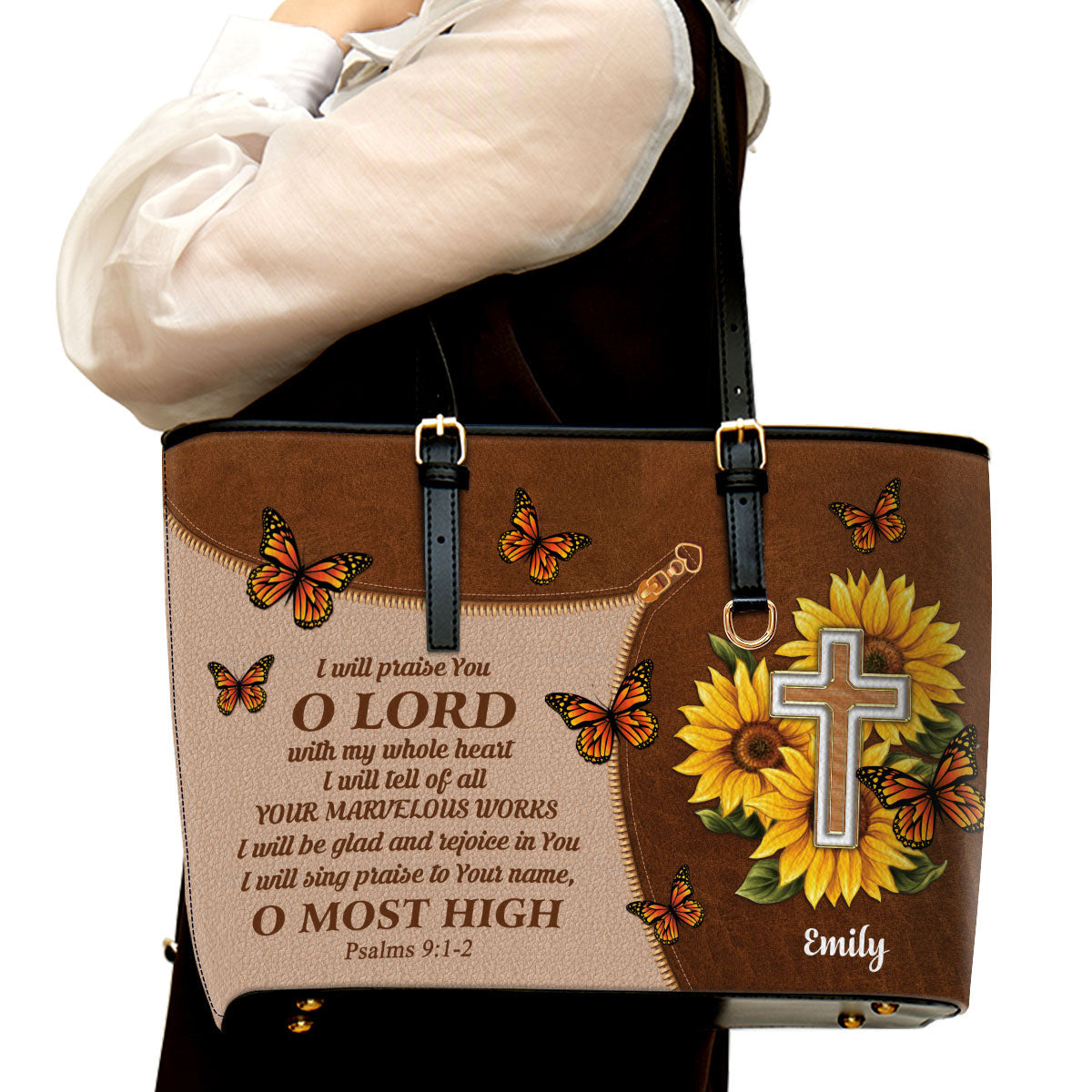 I Will Be Glad And Rejoice In You Personalized Large Leather Tote Bag - Christian Inspirational Gifts For Women