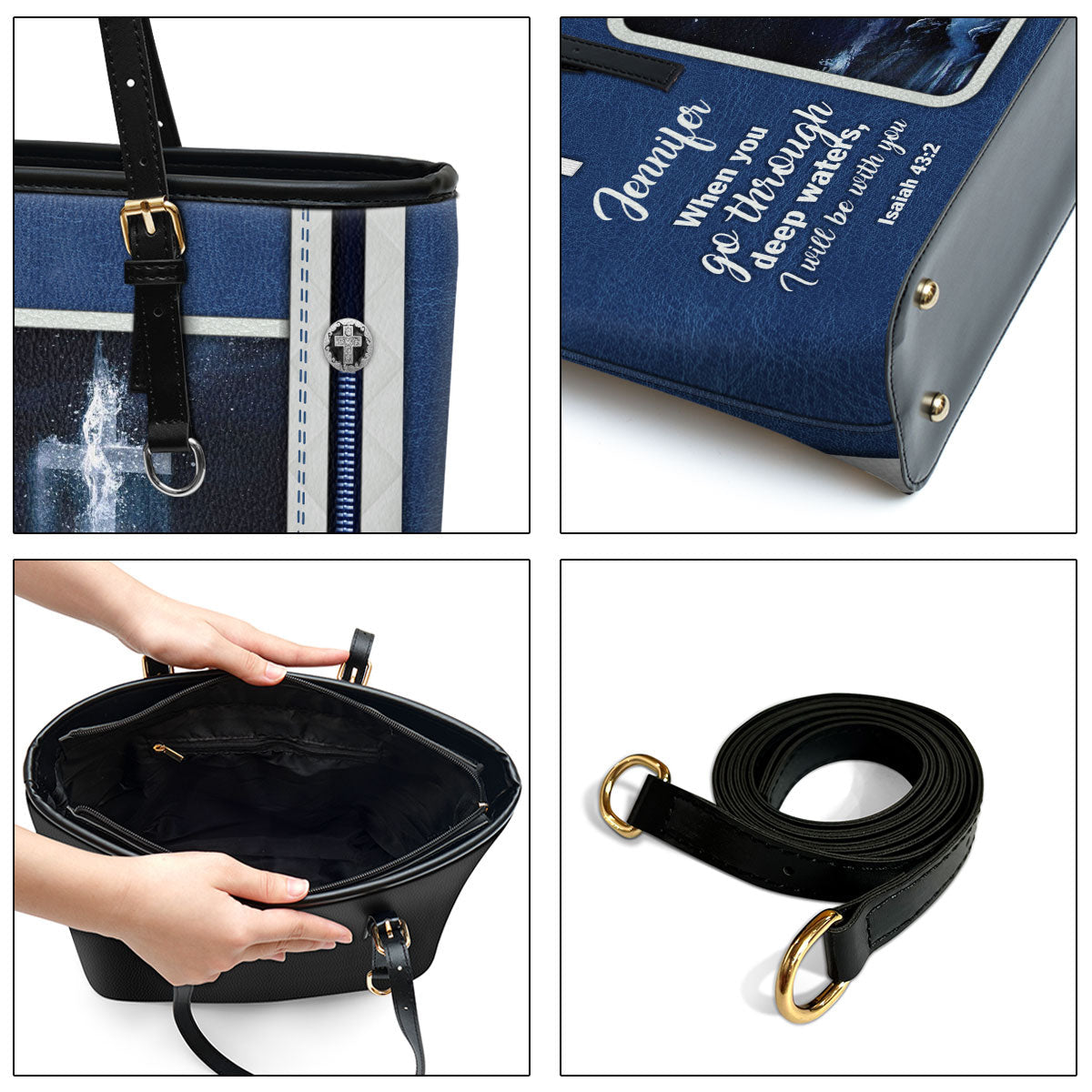 I Will Be With You Personalized Large Leather Tote Bag - Christian Inspirational Gifts For Women