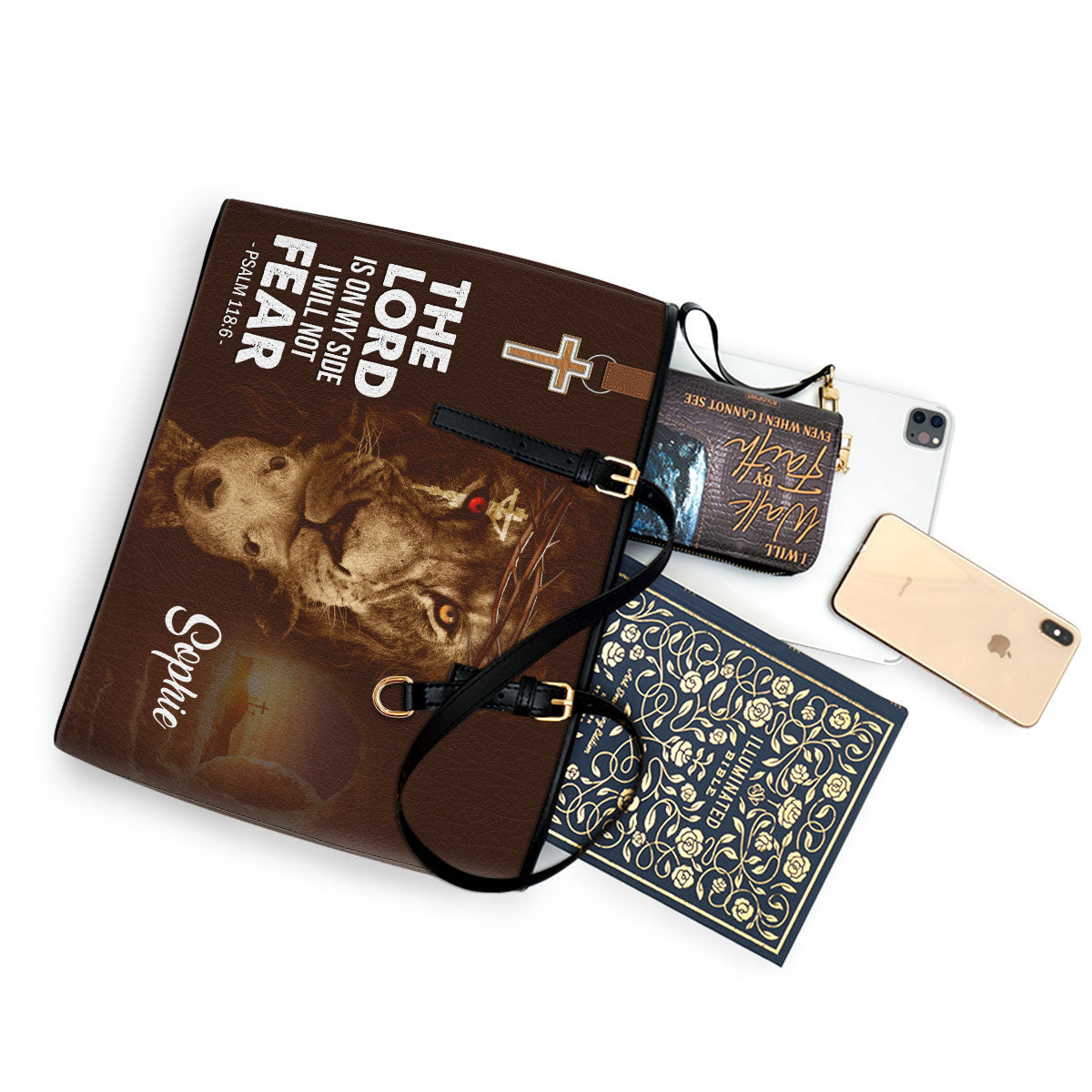 I Will Not Fear Unqiue Personalized Lamb Large Leather Tote Bag - Christian Inspirational Gifts For Women