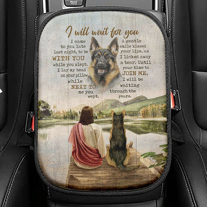 I Will Wait For You Seat Box Cover, German Shepherd And Jesus Car Center Console Cover, Bible Verse Car Interior Accessories