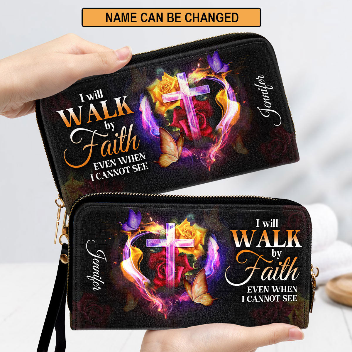 I Will Walk By Faith Even When I Cannot See Him Clutch Purse For Women - Personalized Name - Christian Gifts For Women