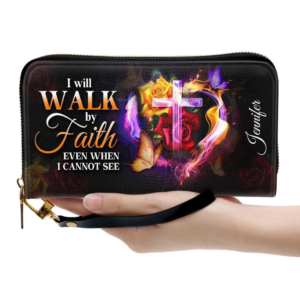 I Will Walk By Faith Even When I Cannot See Him Clutch Purse For Women - Personalized Name - Christian Gifts For Women