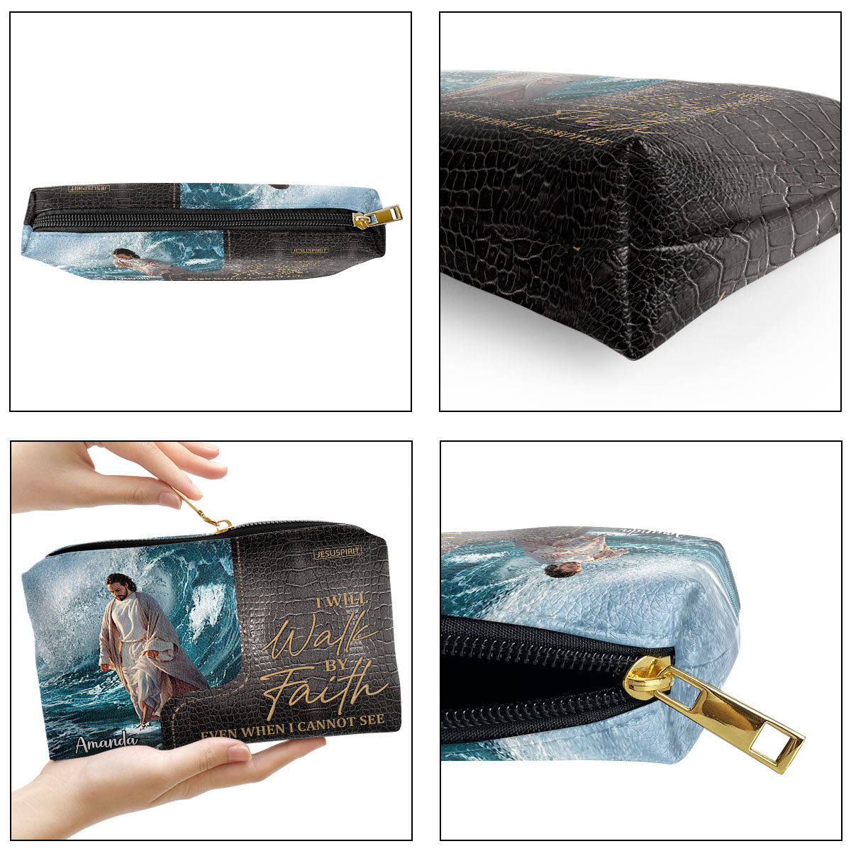 I Will Walk By Faith Even When I Cannot See Personalized Zippered Leather Pouch - Spiritual Gift For Christian Family