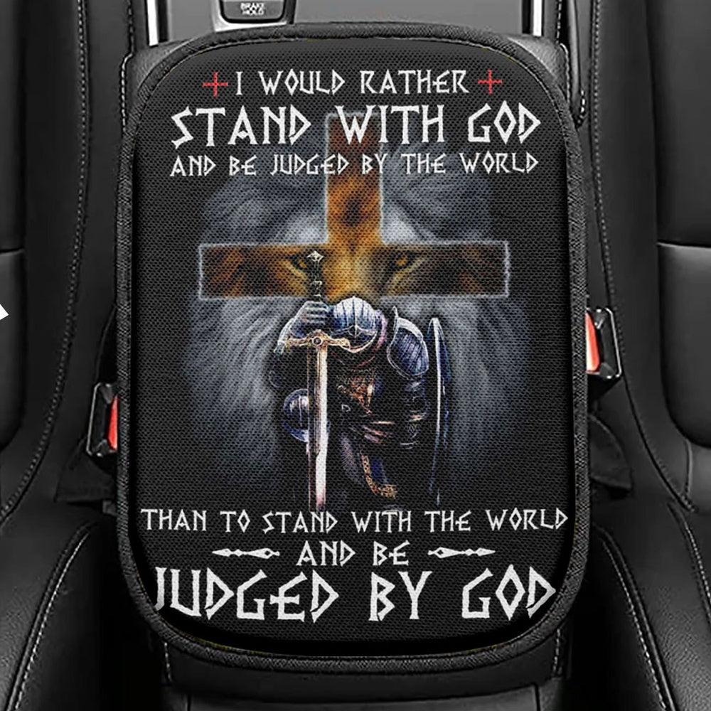 I Would Rather Stand With God Seat Box Cover, Lion Of Judah Cross Warrior Car Center Console Cover, Bible Verse Car Interior Accessories