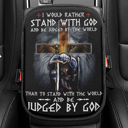 I Would Rather Stand With God Seat Box Cover, Lion Of Judah Cross Warrior Car Center Console Cover, Bible Verse Car Interior Accessories