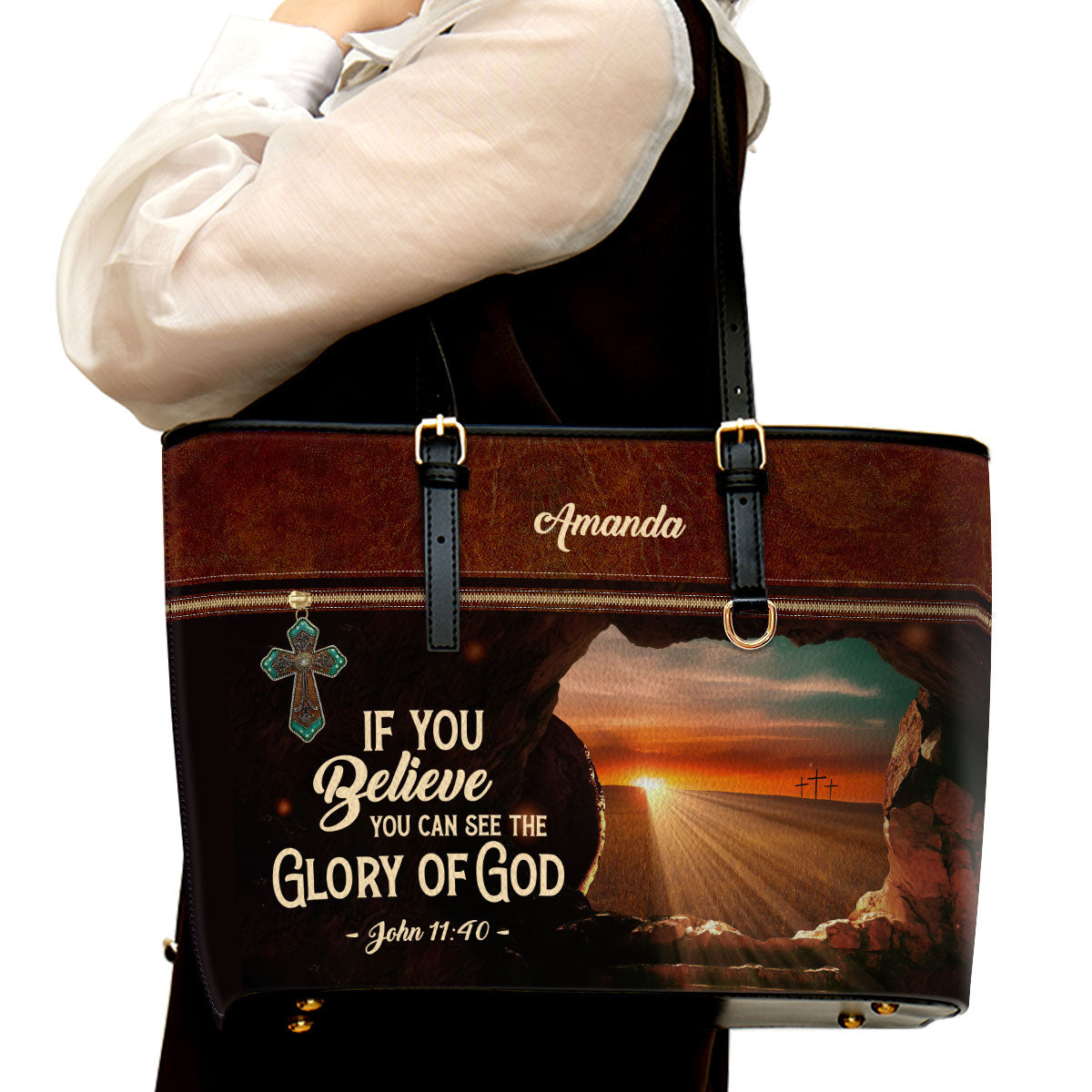 If You Believe You Can See The Glory Of God Personalized Large Leather Tote Bag - Christian Inspirational Gifts For Women