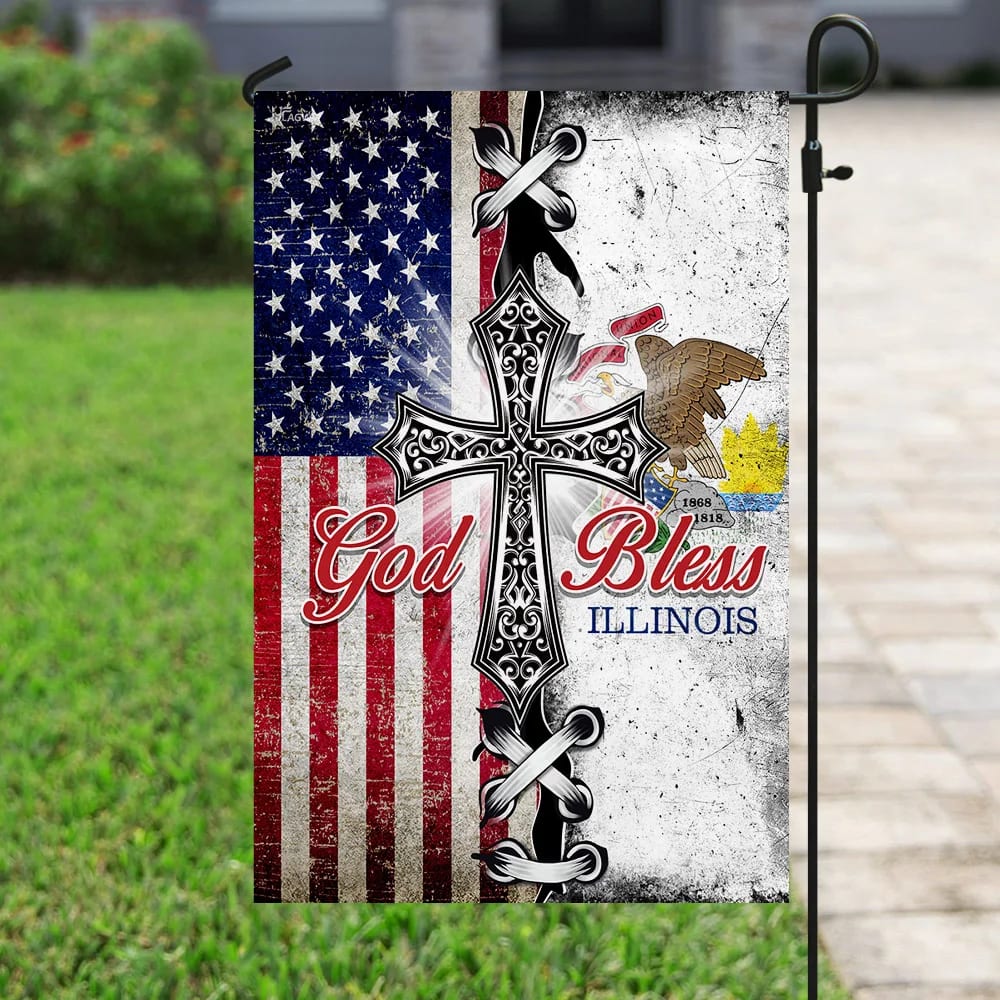 Illinois State American Christian Cross Flag - Outdoor Christian House Flag - Christian Garden Flags