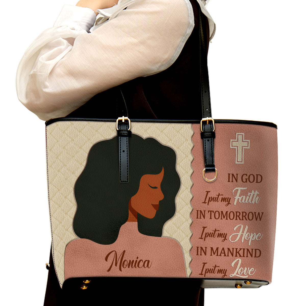 In God I Put My Faith Personalized Pu Leather Tote Bag For Women - Mom Gifts For Mothers Day