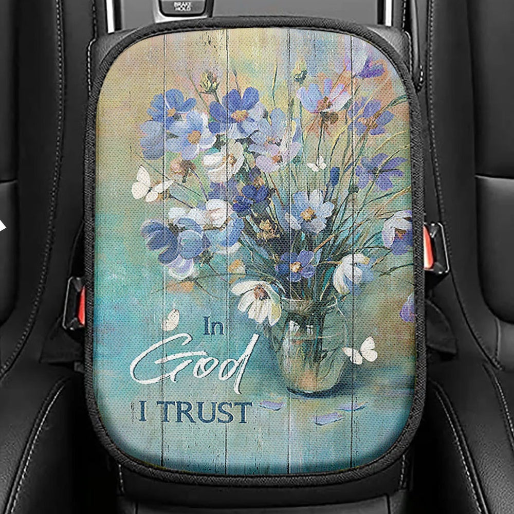 In God I Trust Blue Delicate Flower Seat Box Cover, Christian Car Center Console Cover, Religious Car Interior Accessories
