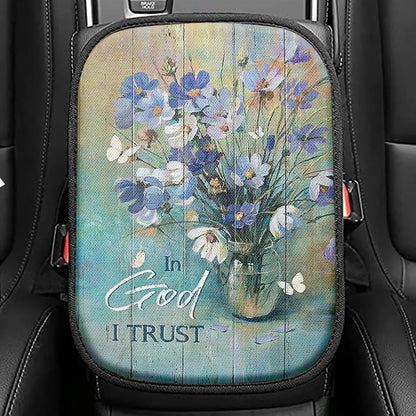 In God I Trust Blue Delicate Flower Seat Box Cover, Christian Car Center Console Cover, Religious Car Interior Accessories