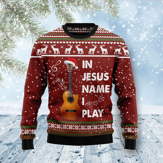In Jesus Name I Play Guitar Ugly Christmas Sweater - Xmas Gifts For Him Or Her - Christmas Gift For Friends - Jesus Christ Sweater