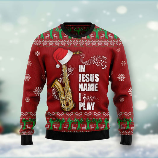 In Jesus Name I Play Saxophone Ugly Christmas Sweater - Xmas Gifts For Him Or Her - Christmas Gift For Friends - Jesus Christ Sweater