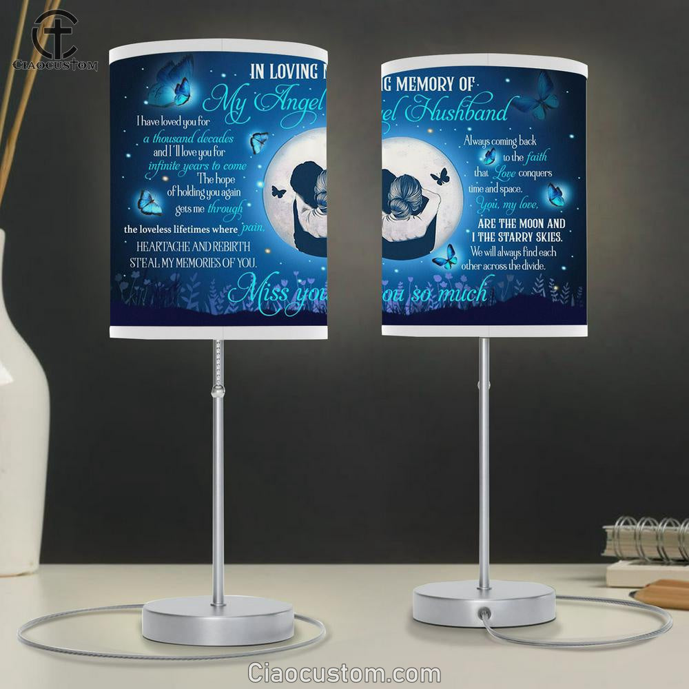 In Loving Memory Of My Angel Husband Blue Butterfly Moon Flower Hug Large Table Lamp - Christian Table Lamp Prints - Religious Table Lamp Art