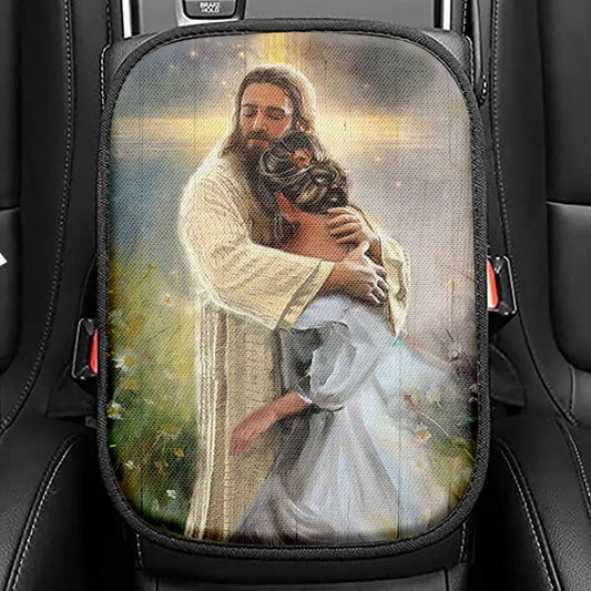 In The Arms Of God Seat Box Cover, Jesus Hug Daisy Field Car Center Console Cover, Bible Verse Car Interior Accessories