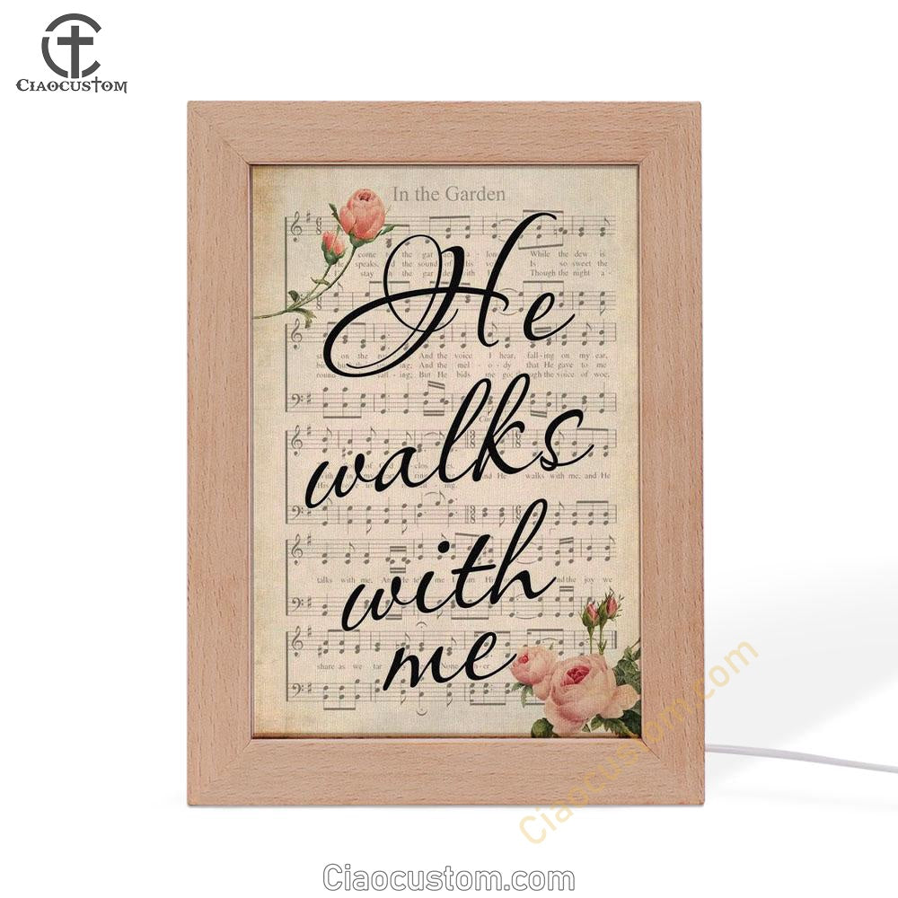 In The Garden Hymn He Walks With Me Frame Lamp Prints - Bible Verse Wooden Lamp - Scripture Night Light