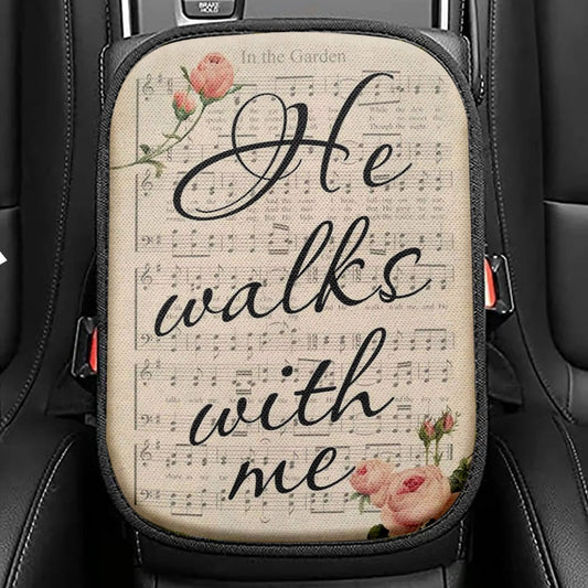 In The Garden Hymn He Walks With Me Seat Box Cover, Bible Verse Car Center Console Cover, Scripture Car Interior Accessories