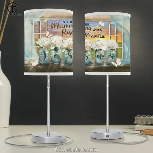 In The Morning When I Rise White Flower Orange Sunset Butterfly Table Lamp Art - Bible Verse Lamp Art - Room Decor Christian