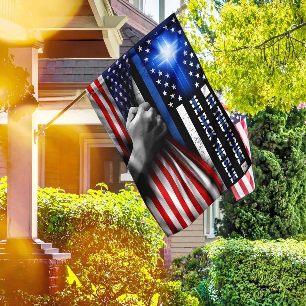 In This House We Back The Blue Christian Cross Flag - Outdoor Christian House Flag - Christian Garden Flags