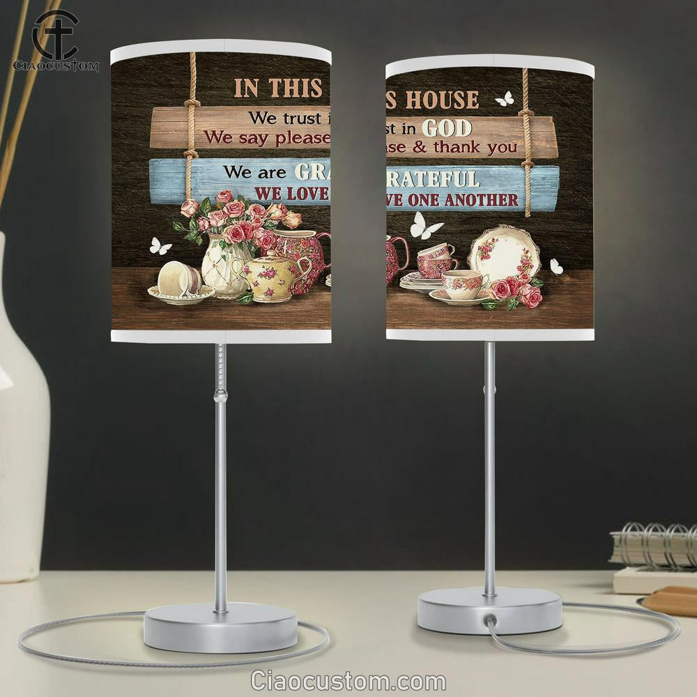 In This House We Trust In God Tea Cup White Butterfly Table Lamp Art - Bible Verse Lamp Art - Room Decor Christian
