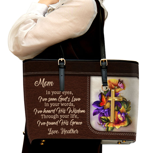 In Your Words I‘ve Heard His Wisdom Personalized Large Leather Tote Bag - Christian Inspirational Gifts For Women