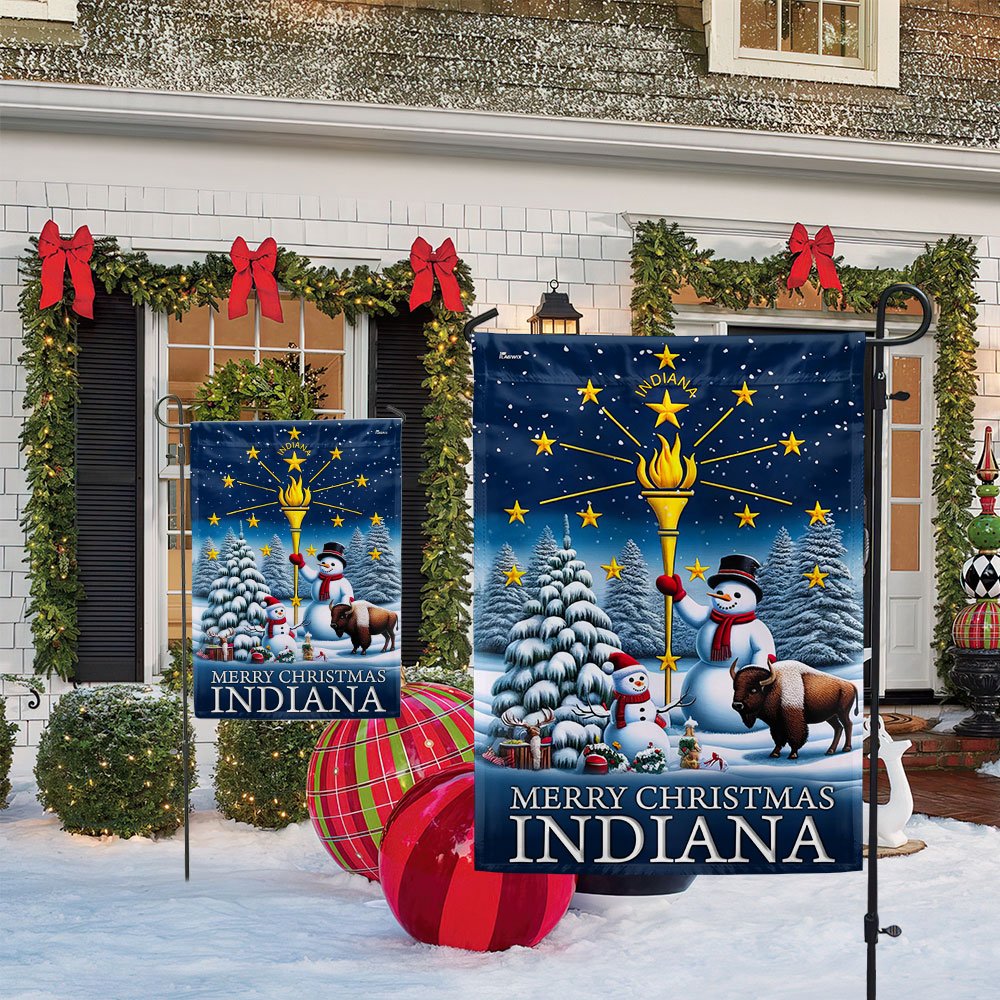 Indiana Christmas Flag Snowman with Gold Torch Merry Christmas - Religious Christmas House Flags