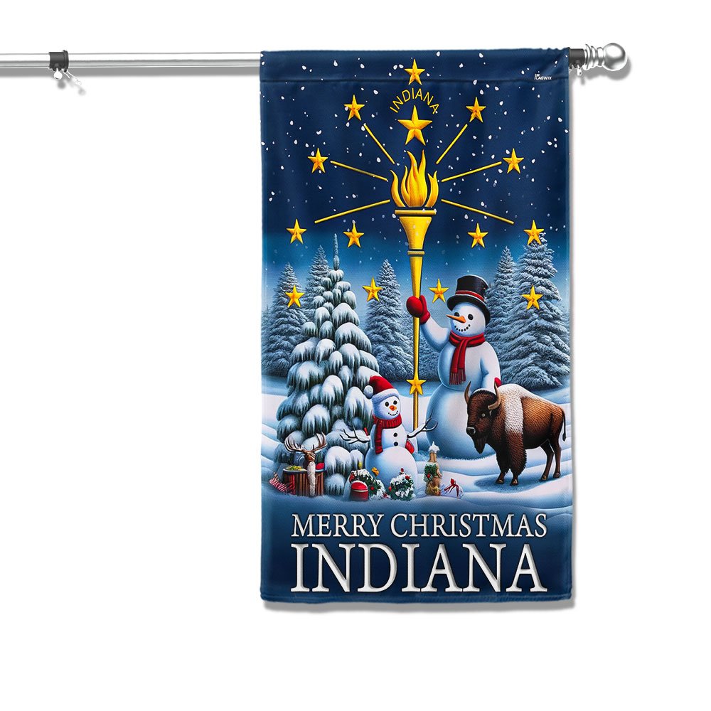 Indiana Christmas Flag Snowman with Gold Torch Merry Christmas - Religious Christmas House Flags