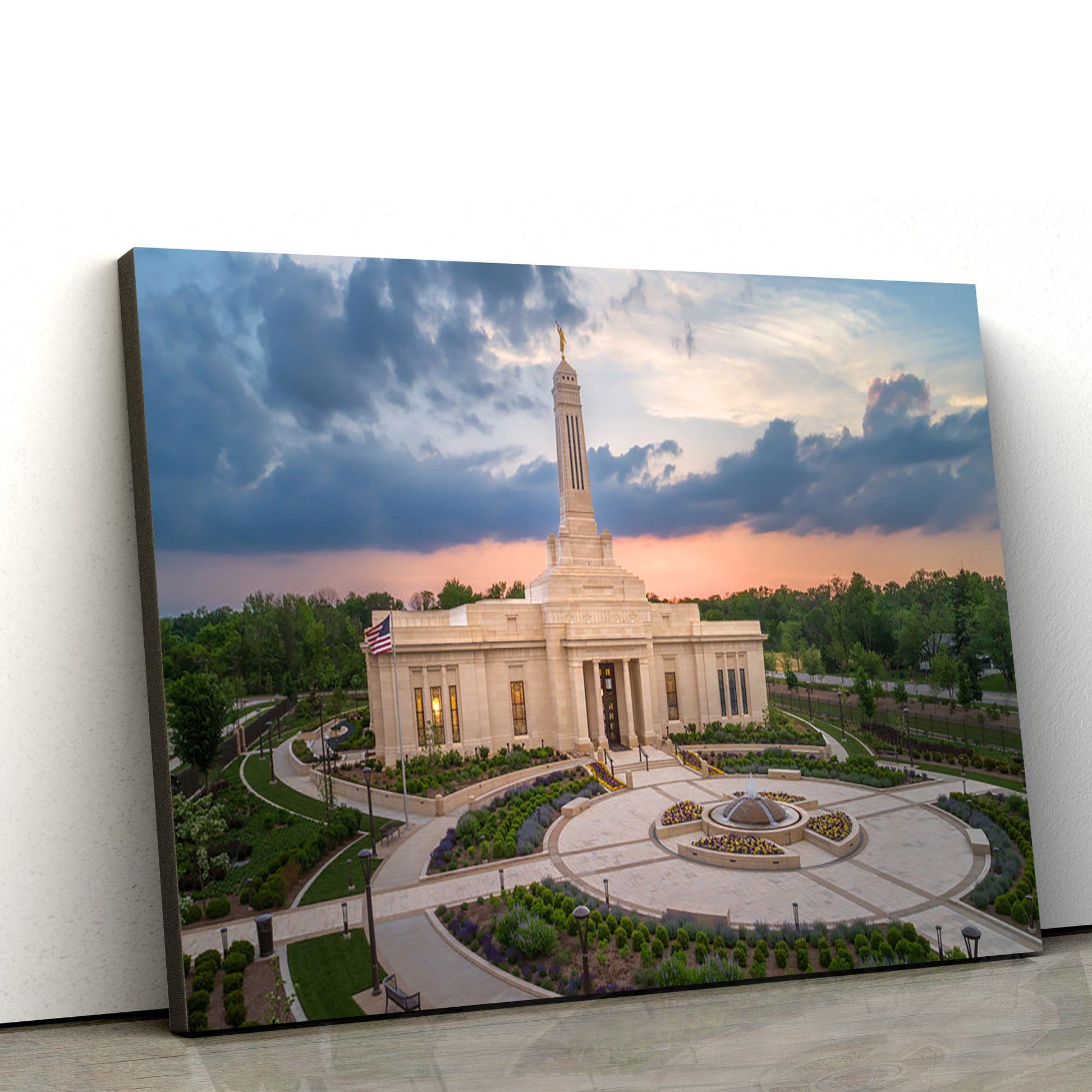 Indianapolis Temple Sunset Panorama Canvas Wall Art - Jesus Christ Picture - Canvas Christian Wall Art