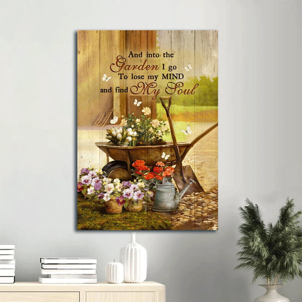 Into The Garden I Go To Loose My Mind Canvas Wall Art - Garden Flower Pots White Butterfly Portrait Canvas