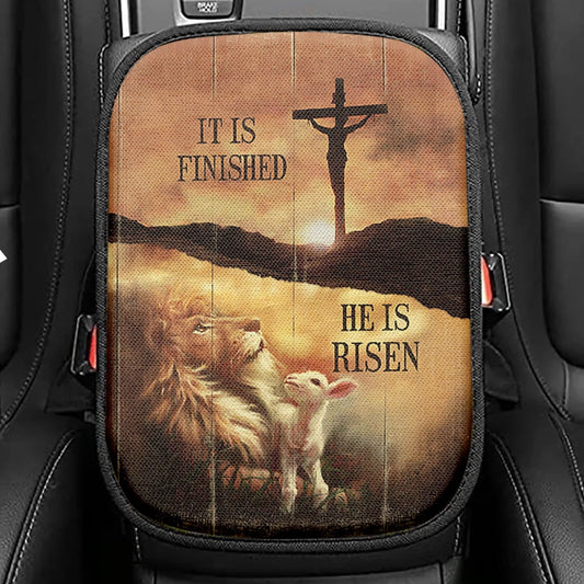It Is Finish He Is Risen Seat Box Cover, Lion And Lamb Of God Cross Car Center Console Cover, Bible Verse Car Interior Accessories