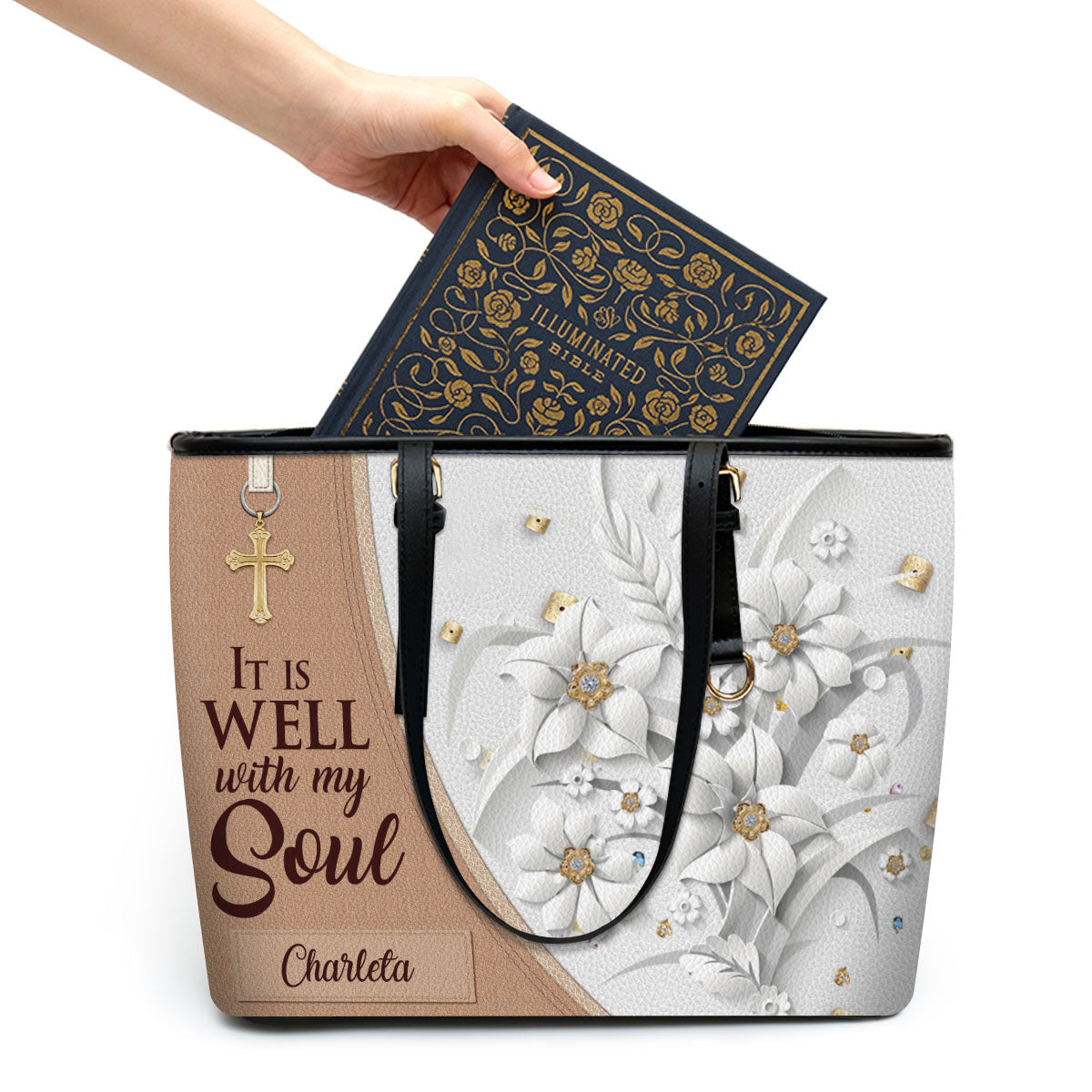 It Is Well With My Soul Personalized Large Leather Tote Bag - Christian Inspirational Gifts For Women
