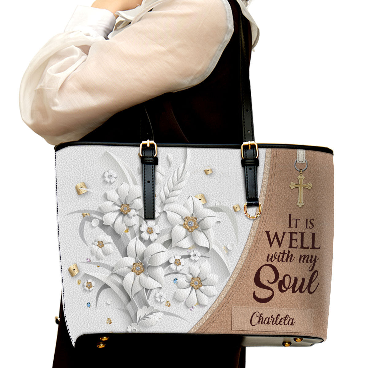 It Is Well With My Soul Personalized Large Leather Tote Bag - Christian Inspirational Gifts For Women